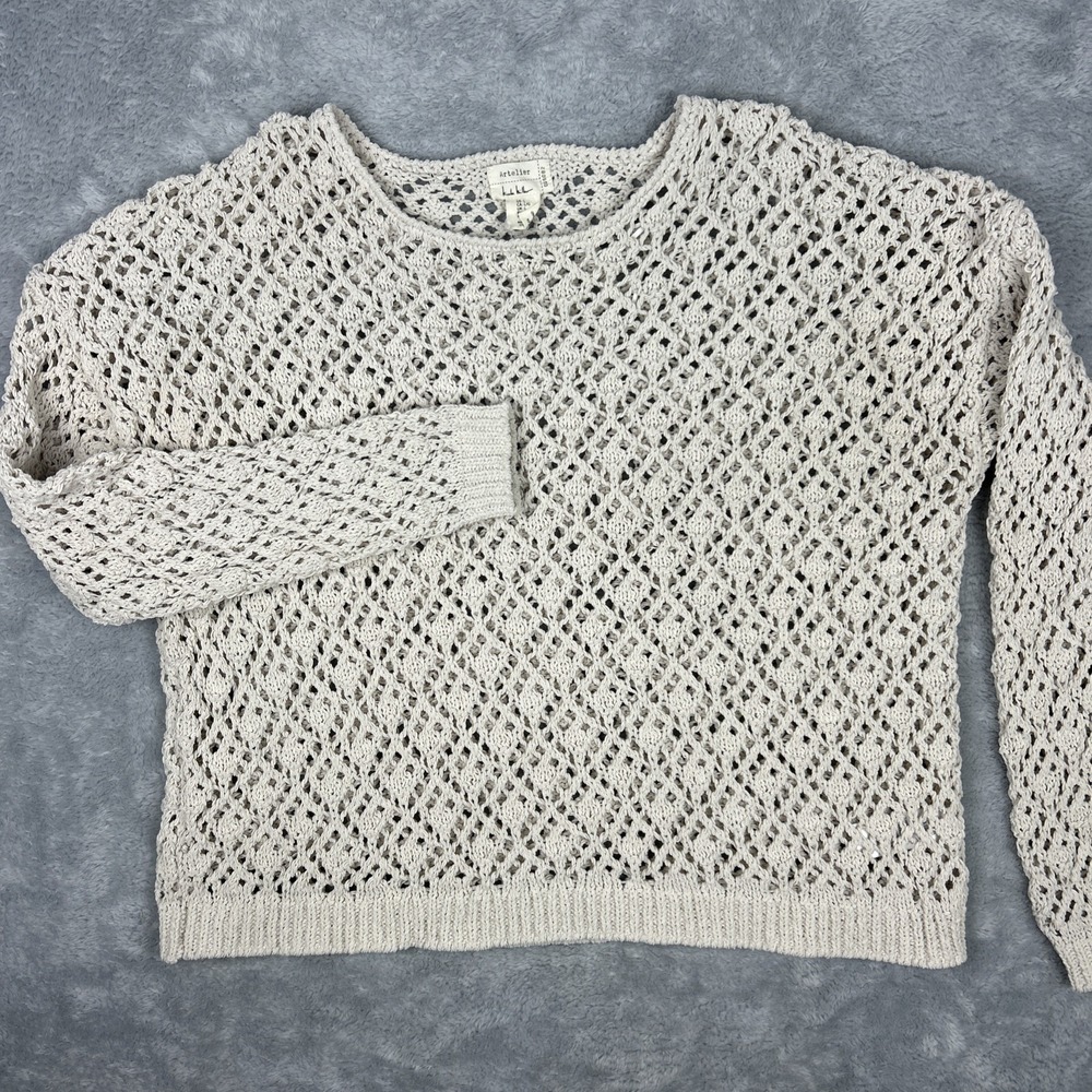 Nicole Miller Artelier Women's Large‎ Ivory Open Knit Sweater Boho Art Boxy